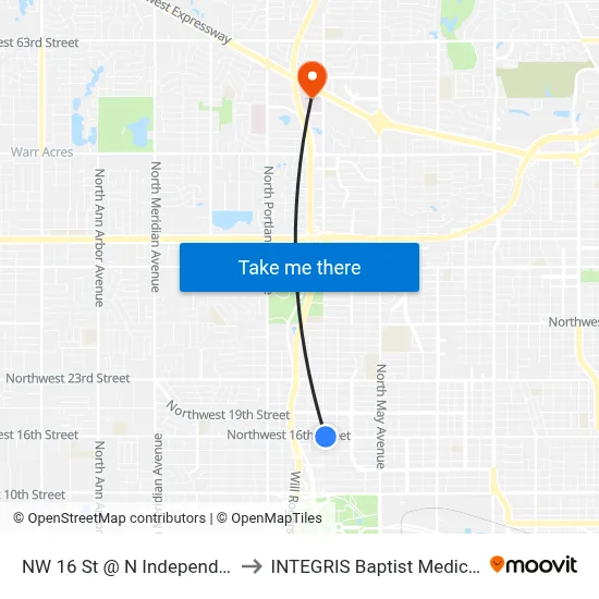 NW 16 St @ N Independence Ave to INTEGRIS Baptist Medical Center map