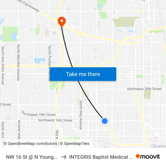 NW 16 St @ N Youngs Blvd to INTEGRIS Baptist Medical Center map
