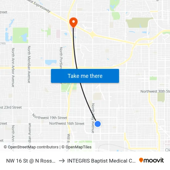NW 16 St @ N Ross Ave to INTEGRIS Baptist Medical Center map