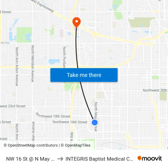 NW 16 St @ N May Ave to INTEGRIS Baptist Medical Center map