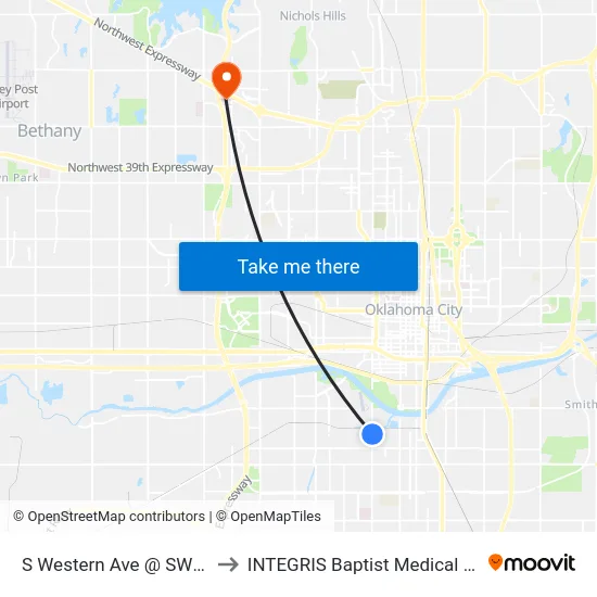 S Western Ave @ SW 21 St to INTEGRIS Baptist Medical Center map