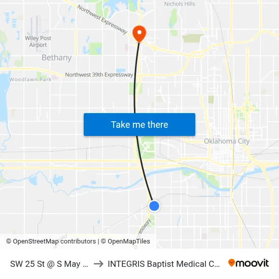 SW 25 St @ S May Ave to INTEGRIS Baptist Medical Center map