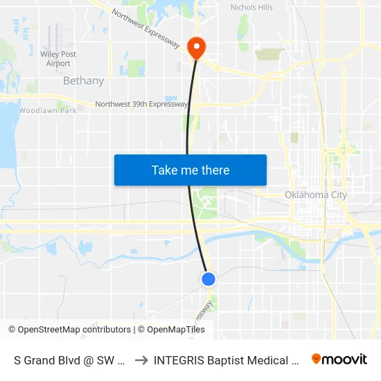 S Grand Blvd @ SW 24 St to INTEGRIS Baptist Medical Center map
