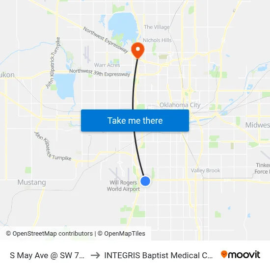 S May Ave @ SW 76 St to INTEGRIS Baptist Medical Center map