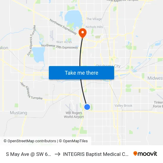 S May Ave @ SW 64 St to INTEGRIS Baptist Medical Center map