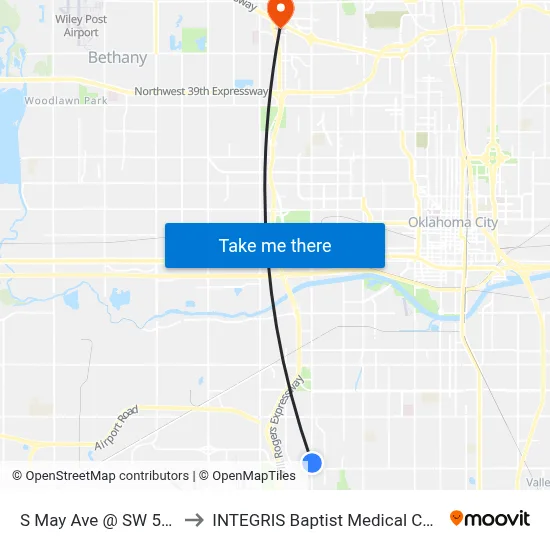 S May Ave @ SW 57 St to INTEGRIS Baptist Medical Center map