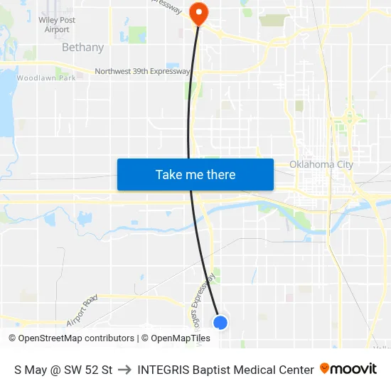 S May @ SW 52 St to INTEGRIS Baptist Medical Center map