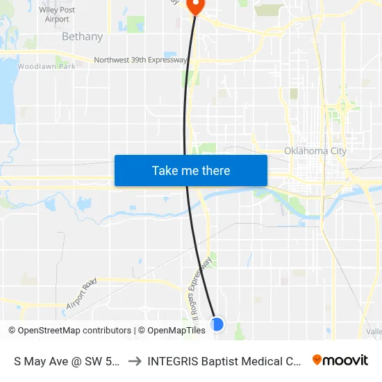 S May Ave @ SW 59 St to INTEGRIS Baptist Medical Center map