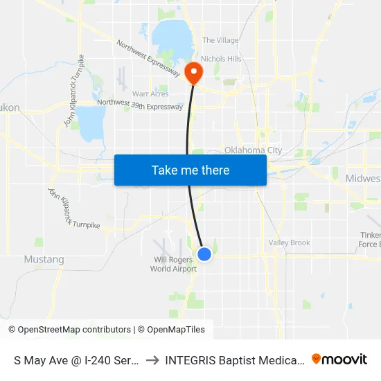 S May Ave @ I-240 Service Rd to INTEGRIS Baptist Medical Center map
