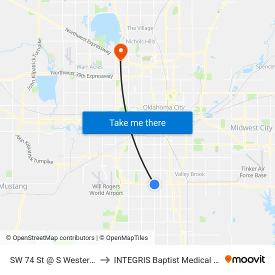 SW 74 St @ S Western Ave to INTEGRIS Baptist Medical Center map
