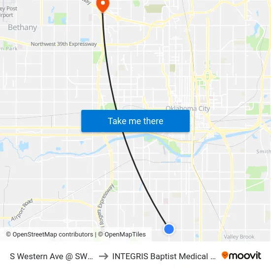 S Western Ave @ SW 59 St to INTEGRIS Baptist Medical Center map