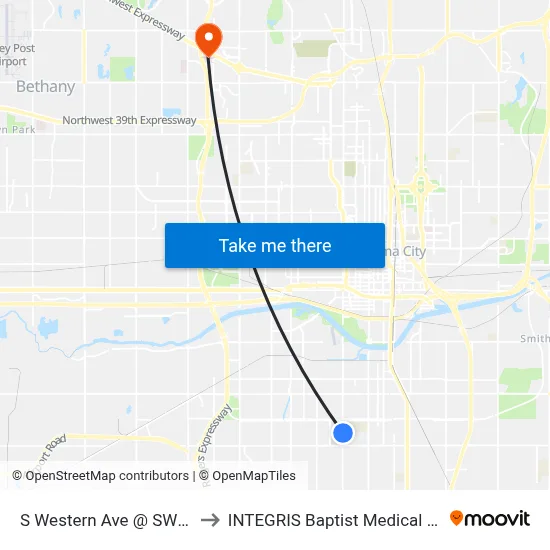 S Western Ave @ SW 39 St to INTEGRIS Baptist Medical Center map