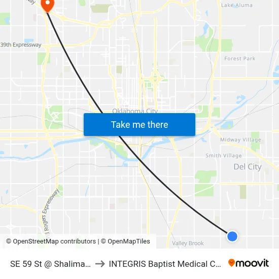 SE 59 St @ Shalimar Dr to INTEGRIS Baptist Medical Center map