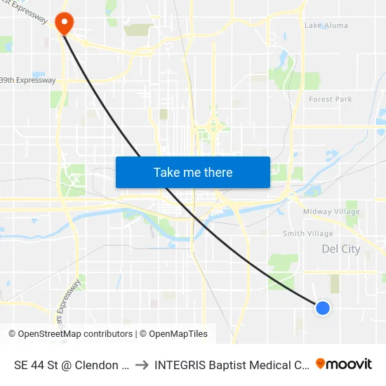 SE 44 St @ Clendon Way to INTEGRIS Baptist Medical Center map