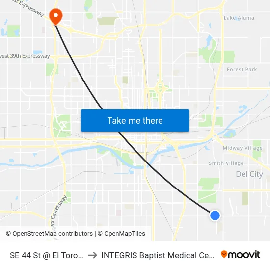 SE 44 St @ El Toro Dr to INTEGRIS Baptist Medical Center map