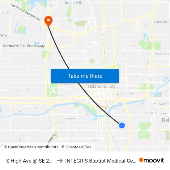 S High Ave @ SE 25 St to INTEGRIS Baptist Medical Center map