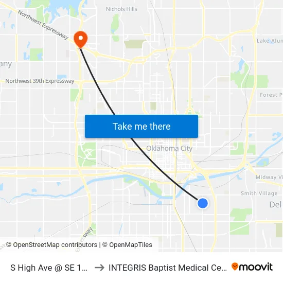 S High Ave @ SE 19 St to INTEGRIS Baptist Medical Center map