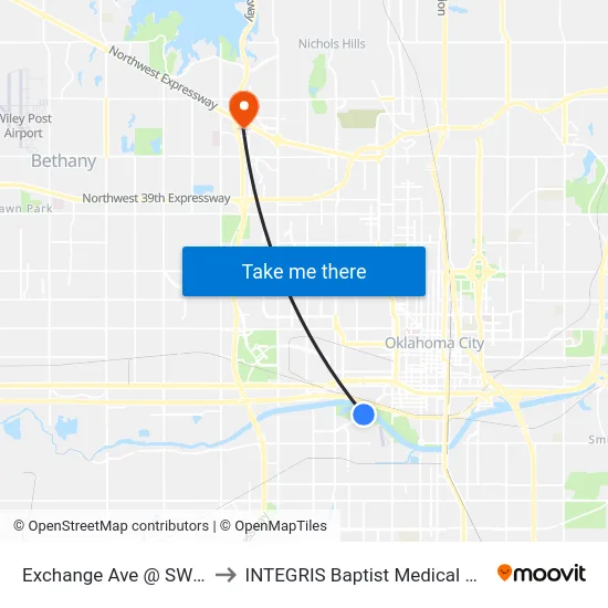 Exchange Ave @ SW 8 St to INTEGRIS Baptist Medical Center map