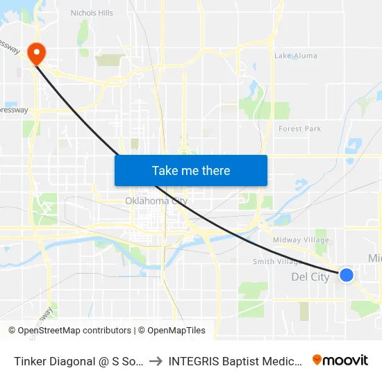 Tinker Diagonal @ S Sooner Rd to INTEGRIS Baptist Medical Center map