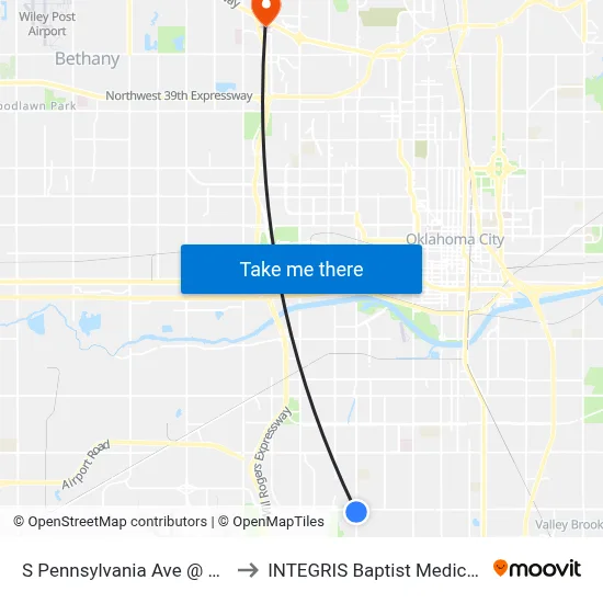 S Pennsylvania Ave @ SW 59 St to INTEGRIS Baptist Medical Center map