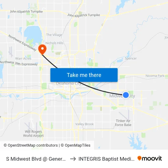 S Midwest Blvd @ General Senter Dr to INTEGRIS Baptist Medical Center map