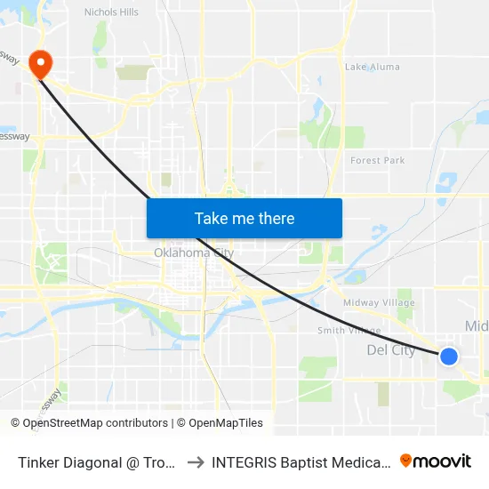 Tinker Diagonal @ Trosper Rd to INTEGRIS Baptist Medical Center map