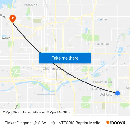 Tinker Diagonal @ S Sooner Rd to INTEGRIS Baptist Medical Center map
