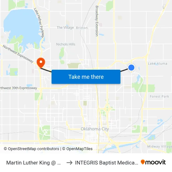Martin Luther King @ NE 59 St to INTEGRIS Baptist Medical Center map