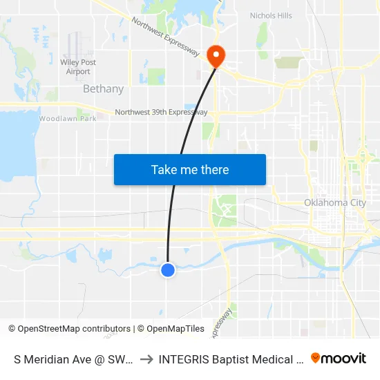 S Meridian Ave @ SW 15 St to INTEGRIS Baptist Medical Center map