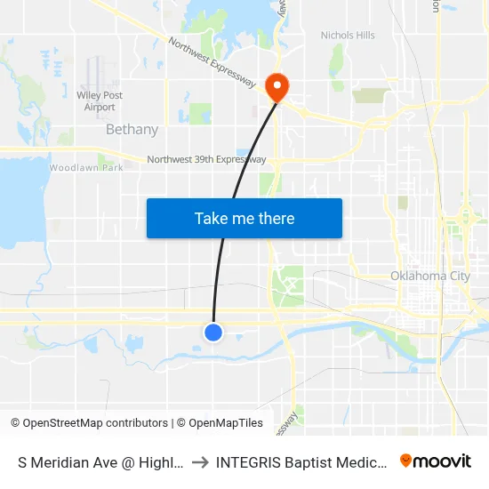 S Meridian Ave @ Highline Blvd to INTEGRIS Baptist Medical Center map
