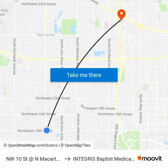 NW 10 St @ N Macarthur Blvd to INTEGRIS Baptist Medical Center map