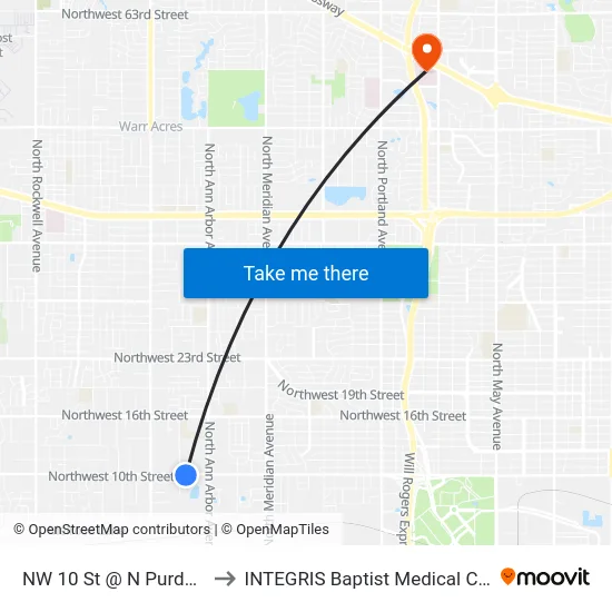 NW 10 St @ N Purdue St to INTEGRIS Baptist Medical Center map