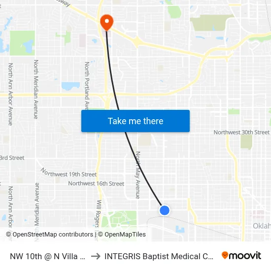 NW 10th @ N Villa Ave to INTEGRIS Baptist Medical Center map