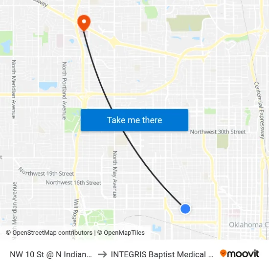 NW 10 St @ N Indiana Ave to INTEGRIS Baptist Medical Center map