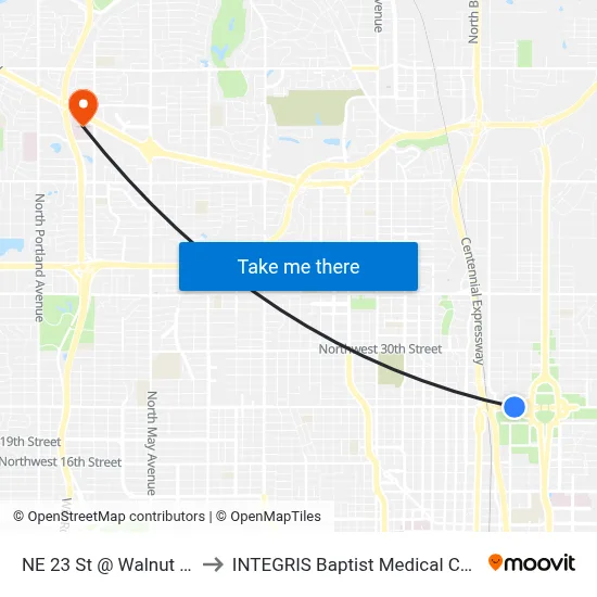 NE 23 St @ Walnut Ave to INTEGRIS Baptist Medical Center map