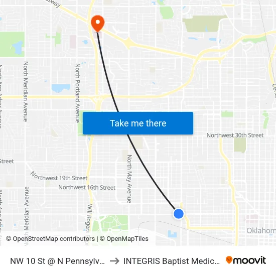 NW 10 St @ N Pennsylvania Ave to INTEGRIS Baptist Medical Center map