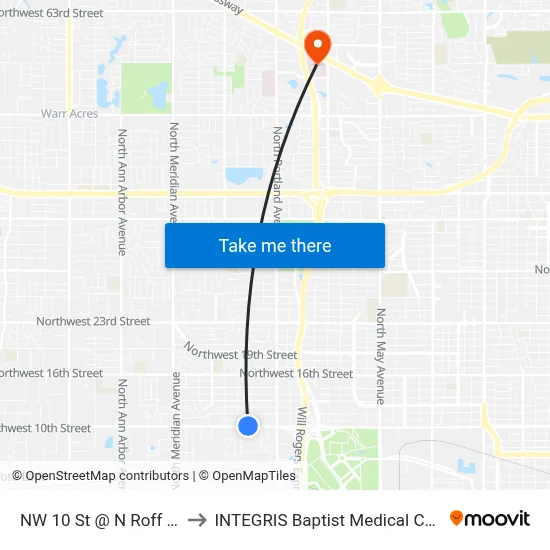 NW 10 St @ N Roff Ave to INTEGRIS Baptist Medical Center map