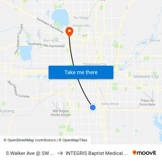 S Walker Ave @ SW 71 St to INTEGRIS Baptist Medical Center map