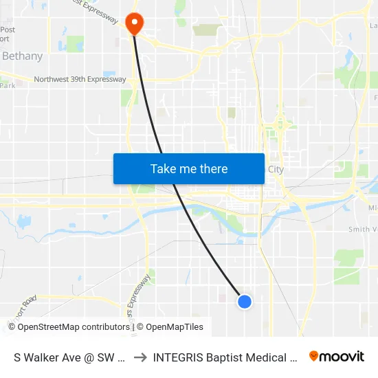S Walker Ave @ SW 44 St to INTEGRIS Baptist Medical Center map