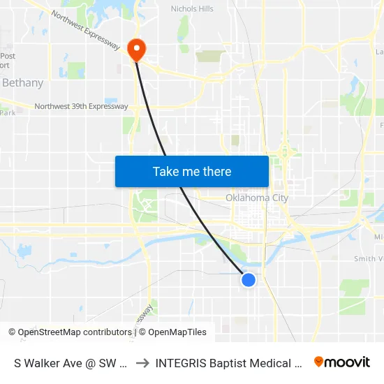 S Walker Ave @ SW 23 St to INTEGRIS Baptist Medical Center map