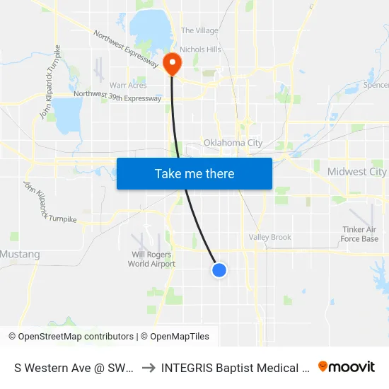 S Western Ave @ SW 89 St to INTEGRIS Baptist Medical Center map