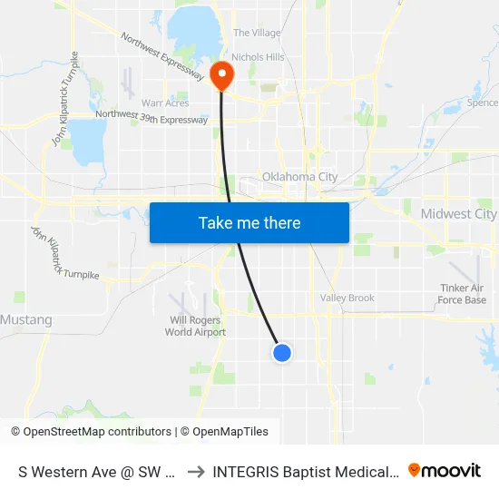 S Western Ave @ SW 99 Terr to INTEGRIS Baptist Medical Center map