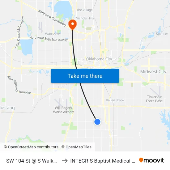 SW 104 St @ S Walker Ave to INTEGRIS Baptist Medical Center map