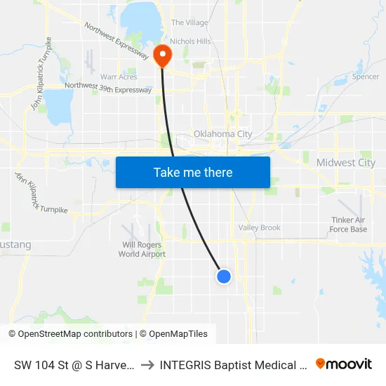 SW 104 St @ S Harvey Ave to INTEGRIS Baptist Medical Center map