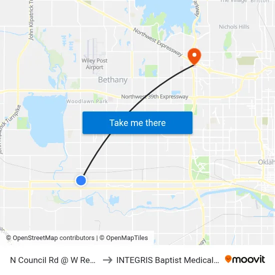N Council Rd @ W Reno Ave to INTEGRIS Baptist Medical Center map