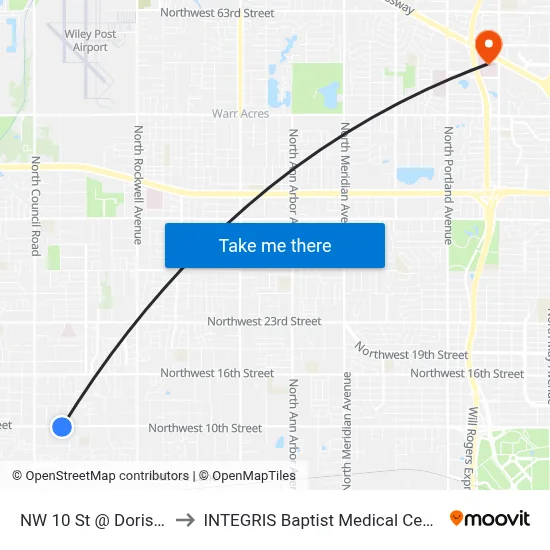 NW 10 St @ Doris Dr to INTEGRIS Baptist Medical Center map