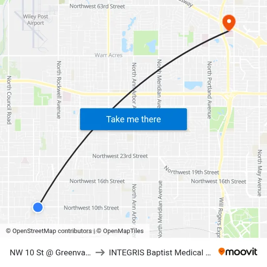 NW 10 St @ Greenvale Rd to INTEGRIS Baptist Medical Center map