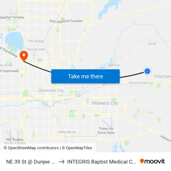 NE 39 St @ Dunjee Blvd to INTEGRIS Baptist Medical Center map