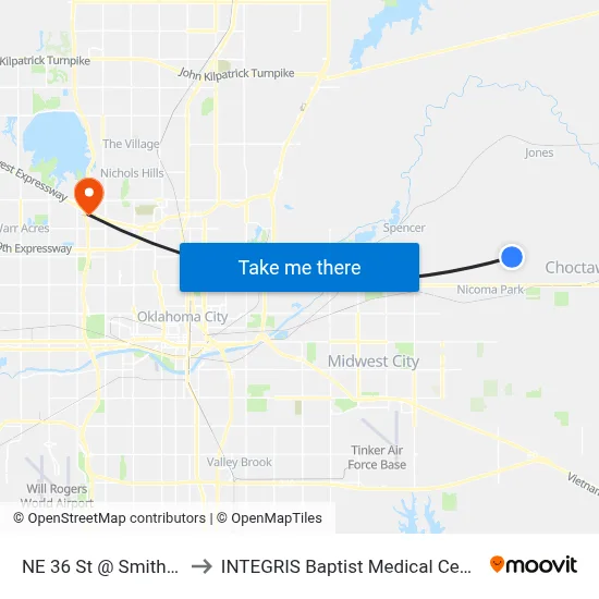 NE 36 St @ Smith Dr to INTEGRIS Baptist Medical Center map