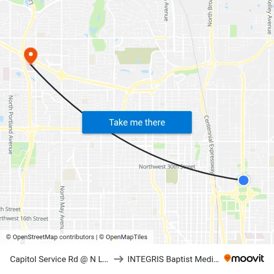 Capitol Service Rd @ N Lincoln Blvd to INTEGRIS Baptist Medical Center map
